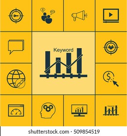 Set Of SEO Icons On Brain Process, Media Campaign And Market Research Topics. Editable Vector Illustration. Includes Focus, Optimization, Dynamics And More Vector Icons.