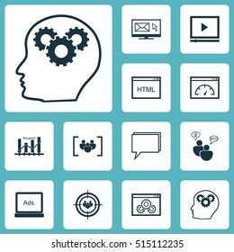 Set Of SEO Icons On Brain Process, Conference And Digital Media Topics. Editable Vector Illustration. Includes Optimization, Research, Code And More Vector Icons.