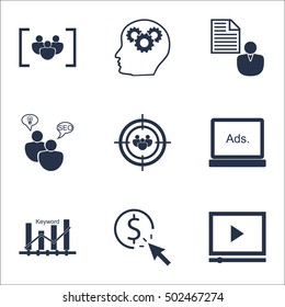 Set Of SEO Icons On SEO Brainstorm, Report And Keyword Optimisation Topics. Editable Vector Illustration. Includes Target, Digital And Focus Vector Icons.