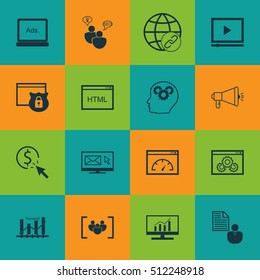 Set Of SEO Icons On SEO Brainstorm, Digital Media And Questionnaire Topics. Editable Vector Illustration. Includes Newsletter, Plan, Target And More Vector Icons.