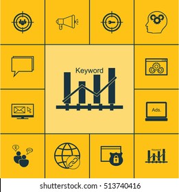 Set Of SEO Icons On SEO Brainstorm, Keyword Optimisation And Connectivity Topics. Editable Vector Illustration. Includes Target, Email, Audience And More Vector Icons.