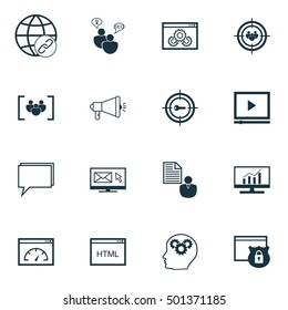 Set Of SEO Icons On Coding, Video Player And Conference Topics. Editable Vector Illustration. Includes Target, Performance And Security Vector Icons.