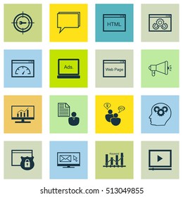Set Of SEO Icons On Coding, Conference And Media Campaign Topics. Editable Vector Illustration. Includes Advertising, Protected, Keyword And More Vector Icons.