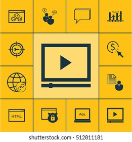 Set Of SEO Icons On Conference, Video Player And Security Topics. Editable Vector Illustration. Includes Brief, Conference, Website And More Vector Icons.