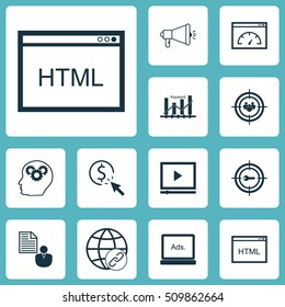 Set Of SEO Icons On Connectivity, Media Campaign And Brain Process Topics. Editable Vector Illustration. Includes Keyword, Web, Advertising And More Vector Icons.