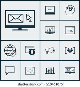 Set Of SEO Icons On Connectivity, Questionnaire And Media Campaign Topics. Editable Vector Illustration. Includes Plan, Dynamics, Security And More Vector Icons.