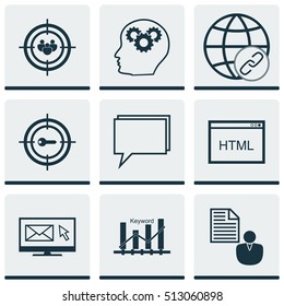 Set Of SEO Icons On Connectivity, Conference And Brain Process Topics. Editable Vector Illustration. Includes Code, Target, Newsletter And More Vector Icons.
