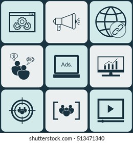 Set Of SEO Icons On Connectivity, SEO Brainstorm And Media Campaign Topics. Editable Vector Illustration. Includes Community, Bulding, Marketing And More Vector Icons.