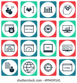 Set Of SEO Icons On Digital Media, Market Research, Report And Other Topics. Editable Vector Illustration. Includes Consulting, Newsletter, Bulding And More Vector Icons.
