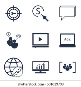 Set Of SEO Icons On Digital Media, Conference And Questionnaire Topics. Editable Vector Illustration. Includes Bulding, SEO And Group Vector Icons.