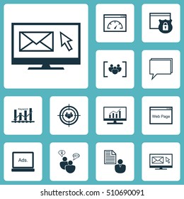 Set Of SEO Icons On Digital Media, Idea Brainstorm And Questionnaire Topics. Editable Vector Illustration. Includes Businessman, Page, Search Optimization And More Vector Icons.
