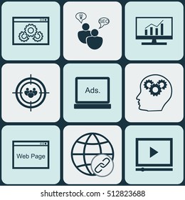Set Of SEO Icons On Digital Media, Video Player And SEO Brainstorm Topics. Editable Vector Illustration. Includes Focus, Research, Display And More Vector Icons.
