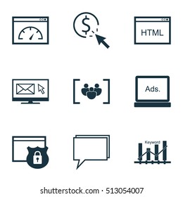 Set Of SEO Icons On Digital Media, Keyword Optimisation And Newsletter Topics. Editable Vector Illustration. Includes Email, Code, Consulting And More Elements