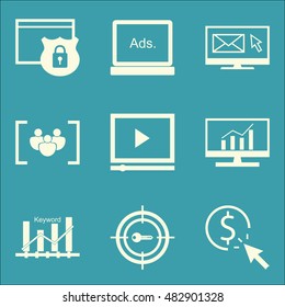 Set Of SEO, Icons On Display Advertising, Focus Group, Email Marketing And More. Premium Quality EPS10 Vector Illustration For Mobile, App, UI Design.