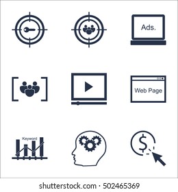 Set Of SEO Icons On Focus Group, Keyword Marketing And Website Topics. Editable Vector Illustration. Includes Audience, Optimization And Target Vector Icons.