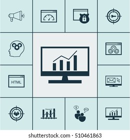 Set Of SEO Icons On Focus Group, Coding And Media Campaign Topics. Editable Vector Illustration. Includes HTML, Code, Website And More Vector Icons.