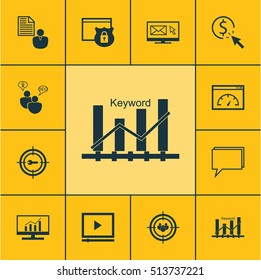 Set Of SEO Icons On Idea Brainstorm, Keyword Optimisation And Keyword Marketing Topics. Editable Vector Illustration. Includes Online, Dynamics, Statistics And More Elements