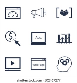 Set Of SEO Icons On Keyword Optimisation, Brain Process And Video Player Topics. Editable Vector Illustration. Includes Marketing, Viral And Per Vector Icons.