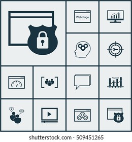 Set Of SEO Icons On Keyword Optimisation, Conference And Brain Process Topics. Editable Vector Illustration. Includes Page, Digital, Website And More Vector Icons.