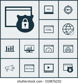Set Of SEO Icons On Keyword Marketing, Website Performance And Coding Topics. Editable Vector Illustration. Includes Security, Bulding, Page And More Vector Icons.