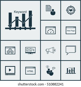 Set Of SEO Icons On Keyword Optimisation, Media Campaign And Newsletter Topics. Editable Vector Illustration. Includes Brief, Speed, Video And More Vector Icons.