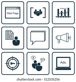 Set Of SEO Icons On Keyword Optimisation, Conference And Media Campaign Topics. Editable Vector Illustration. Includes SEO, Keyword, Focus And More Vector Icons.