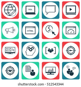 Set Of SEO Icons On Keyword Marketing, Connectivity And Conference Topics. Editable Vector Illustration. Includes Analytics, Video, Click And More Vector Icons.
