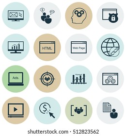Set Of SEO Icons On Keyword Optimisation, PPC And Brain Process Topics. Editable Vector Illustration. Includes Brief, Link, Performance And More Vector Icons.