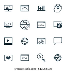 Set Of SEO Icons On Keyword Optimisation, Video Player And Brain Process Topics. Editable Vector Illustration. Includes Conference, Digital, Link And More Vector Icons.
