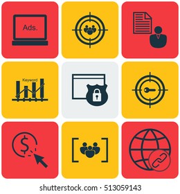 Set Of SEO Icons On Keyword Marketing, Digital Media And Connectivity Topics. Editable Vector Illustration. Includes Display, Audience, Ranking And More Vector Icons.
