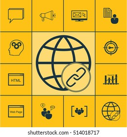 Set Of SEO Icons On Keyword Optimisation, Coding And Media Campaign Topics. Editable Vector Illustration. Includes Link, Conference, Web And More Vector Icons.