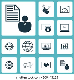 Set Of SEO Icons On Market Research, Report And Questionnaire Topics. Editable Vector Illustration. Includes Focus, Optimization, Keyword And More Vector Icons.