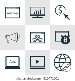 Set Of SEO Icons On Market Research, Website And Digital Media Topics. Editable Vector Illustration. Includes Protected, Link, Analytics And More Vector Icons.
