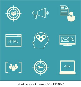 Set Of SEO Icons On Media Campaign, Brain Process And Report Topics. Editable Vector Illustration. Includes Advertising, Brief And Brain Vector Icons.