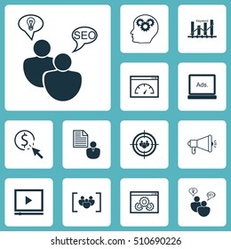 Set Of SEO Icons On Media Campaign, Keyword Optimisation And Brain Process Topics. Editable Vector Illustration. Includes Keyword, Client, Digital And More Vector Icons.