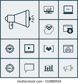 Set Of SEO Icons On Media Campaign, Video Player And Website Performance Topics. Editable Vector Illustration. Includes Focus, Optimization, Video And More Vector Icons.