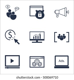 Set Of SEO Icons On PPC, Media Campaign And Digital Media Topics. Editable Vector Illustration. Includes Analytics, Performance And Focus Vector Icons.
