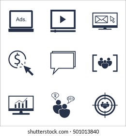 Set Of SEO Icons On PPC, Market Research And Newsletter Topics. Editable Vector Illustration. Includes Audience, SEO And Advertising Vector Icons.