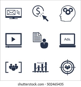 Set Of SEO Icons On PPC, Video Player And Report Topics. Editable Vector Illustration. Includes Click, Target And Group Vector Icons.