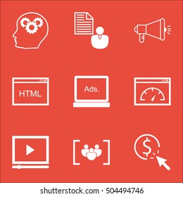 Set Of SEO Icons On PPC, Media Campaign And Video Player Topics. Editable Vector Illustration. Includes Viral, Creativity And Performance Vector Icons.