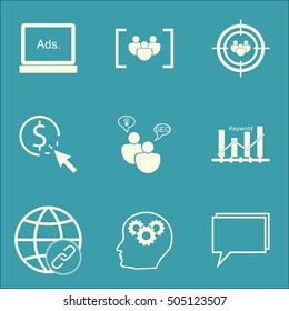 Set Of SEO Icons On PPC, Keyword Optimisation And Brain Process Topics. Editable Vector Illustration. Includes Pay, Online And Creativity Vector Icons.
