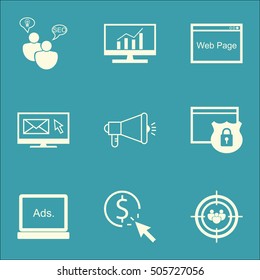 Set Of SEO Icons On PPC, SEO Brainstorm And Newsletter Topics. Editable Vector Illustration. Includes Browser, Security And Email Vector Icons.
