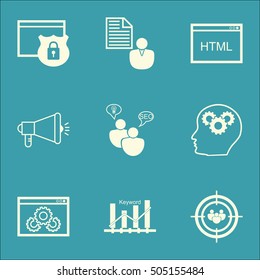 Set Of SEO Icons On Report, Focus Group And SEO Brainstorm Topics. Editable Vector Illustration. Includes Protected, Brief And Code Vector Icons.