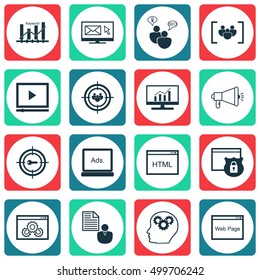 Set Of SEO Icons On Security, Market Research, Brain Process And Other Topics. Editable Vector Illustration. Includes Audience, SEO, HTML And More Vector Icons.