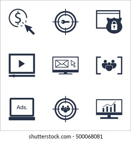 Set Of SEO Icons On Security, Market Research And Digital Media Topics. Editable Vector Illustration. Includes Pay, Website And Analytics Elements