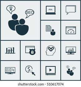 Set Of SEO Icons On Security, Market Research And Brain Process Topics. Editable Vector Illustration. Includes Newsletter, Analytics, Creativity And More Vector Icons.