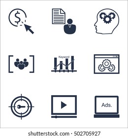 Set Of SEO Icons On Video Player, PPC And Keyword Marketing Topics. Editable Vector Illustration. Includes Per, Marketing And Performance Vector Icons.