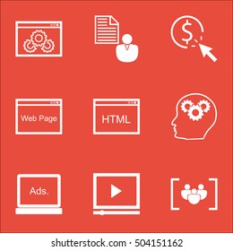 Set Of SEO Icons On Video Player, Website And Brain Process Topics. Editable Vector Illustration. Includes Browser, Creativity And Advertising Vector Icons.