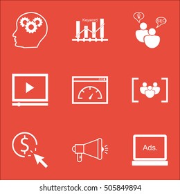 Set Of SEO Icons On Video Player, Brain Process And SEO Brainstorm Topics. Editable Vector Illustration. Includes Click, Display And Viral Vector Icons.