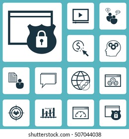Set Of SEO Icons On Video Player, Keyword Optimisation And Report Topics. Editable Vector Illustration. Includes Website, Brief, Client And More Vector Icons.